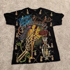 Y2K Christian Audigier Mens 2XL Black Rhinestone Skeleton Champagne T-Shirt